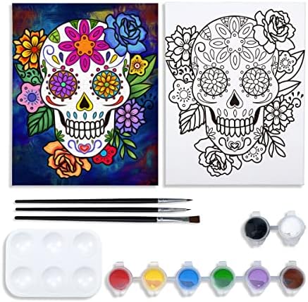 Pre Drawn Canvas Painting Kit for Adults Paint and Sip Party Supplies 8x10 in Canvas to Paint, 8 Acrylic Colors,3 Brush,1 Pallet Art Set Day of The Dead Dia de Los Muertos Sugar Skull by VOCHIC