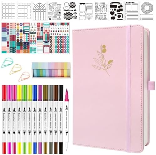 Y&I Bullet Dotted Journal Kit, A5 Hardcover Dotted Journal Notebook with 176 Pages, 120GSM Thick Paper, Stencils Stickers Pens Washi Tapes, Dotted Journaling Kit for Beginners (Pink) by YINGIRON