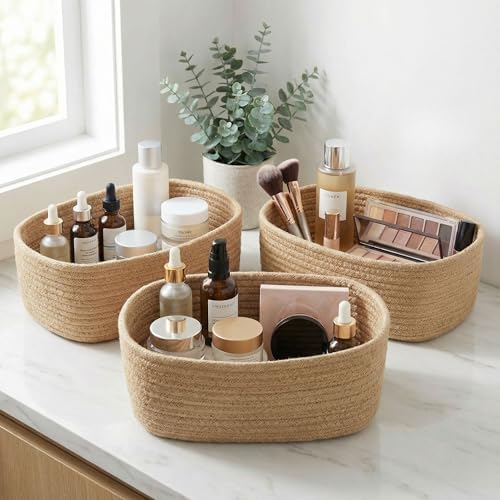Beautiful Storage Basket Set of 3 - Sturdy Jute Rope Baskets for Shelves by ZICOTO