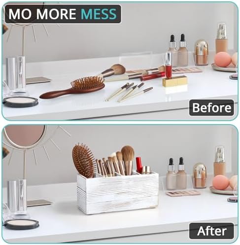 Pencil Pen Holder for Desk, White Washed Wood Office Desk Organizers and Accessories with 4 Slots for Countertop, Makeup Brush Holder Organizer for Bathroom Vanity, Silverware Caddy for Party - Image 4