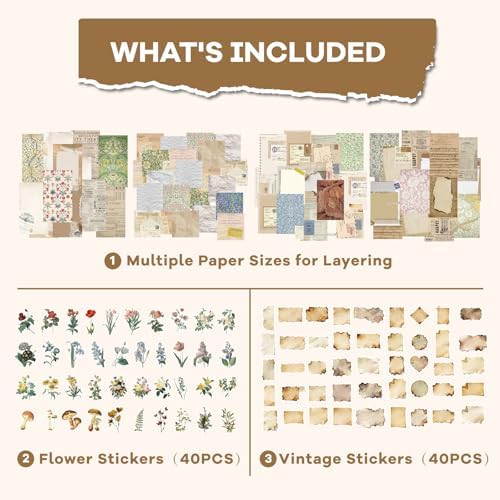 440PCS Vintage Scrapbook Supplies Kit – 360 Sheets Decorative Papers & 80Pcs Aesthetic Botanical Stickers, Retro Ephemera Pack for Journaling, Planners, DIY Collage - Image 4