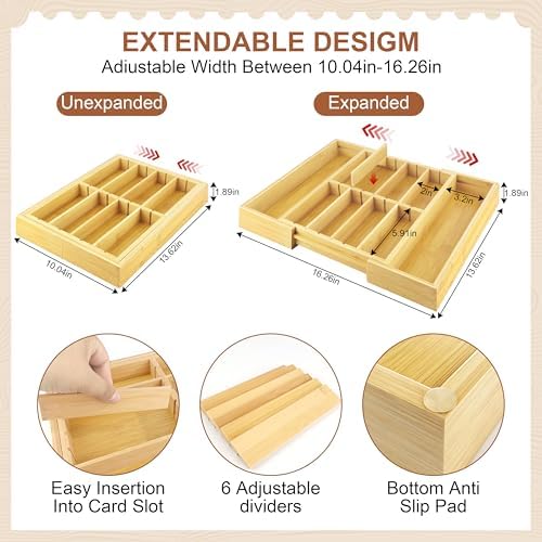 TREWAVE Bamboo Desk Drawer Organizer, Expandable Drawer Organizer Tray - Image 3