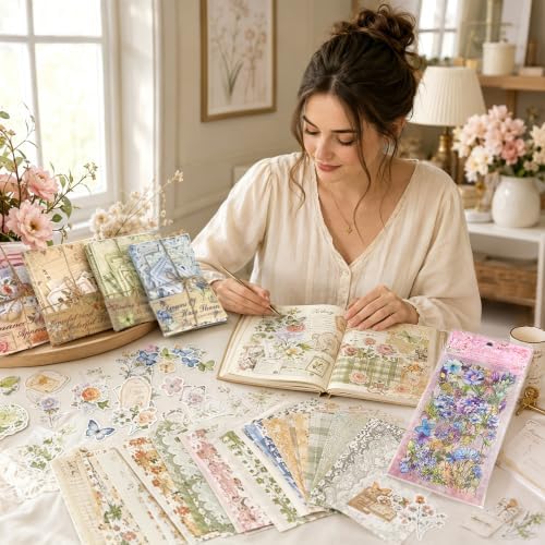 484Pcs Vintage Floral Scrapbook Supplies Kit, Paper & Journaling Stickers - Image 7