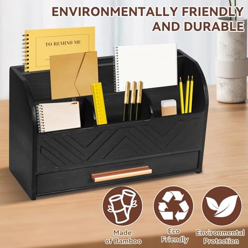 Charmewooden Black Desktop Organizer with Drawer Storage, White Desk Organizer Mail Holder Mail Organizer Countertop Pen Holder Letter Sorter Make up Organizer for School Home Office Supplies - Image 4