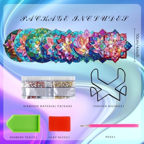 Demonwer 8 Pieces Lotus Diamond Painting Coasters with Holder DIY Cute Lotus Diamond Art Coasters 5d Lotus Diamond Coasters with Cork Pads for Beginners Adults for Christmas Holidays Gift - Image 2