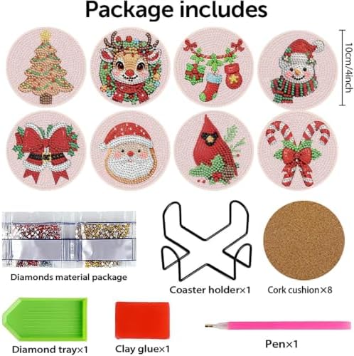 8 Pcs Christmas Diamond Art Coasters Kits with Holder 4x4 Inch - Image 4