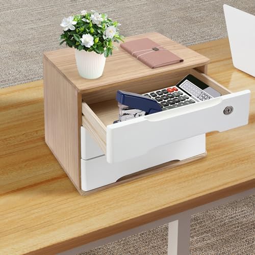 Wooden Desktop Storage Box with Lockable Drawers, Flat File Cabinet Drawer Desktop Storage Box, Countertop Storage Cabinet for Office Home Toiletries Supplies Vanity (natural wood+white, 3 Drawer) - Image 7
