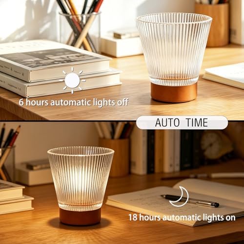 Battery Operated Night Light with Timer, Aesthetic Cordless Battery Powered Decorative Ambient Glass Lamp, Small Cozy Nightlight for Dorm, Nightstand, Bathroom, Warm, Vertical Striped Pattern - Image 3