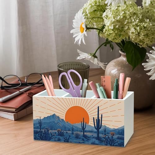 DILSJ Western Boho Pen Pencil Holder Organizer for Desk, Boho Office Decor, Abstract Sunshine Western Desert Cactus Landscape Wooden Box Signs for Home Office Desk Tabletop Decoration - Image 4