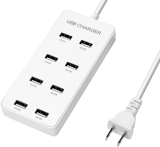 USB Wall Charger USB Charging Station for Multiple Devices 8-Ports Power Hub Strip Smart Charger Block Compatible with iPhone, Galaxy, iPad Tablet, and Other Devices（White）