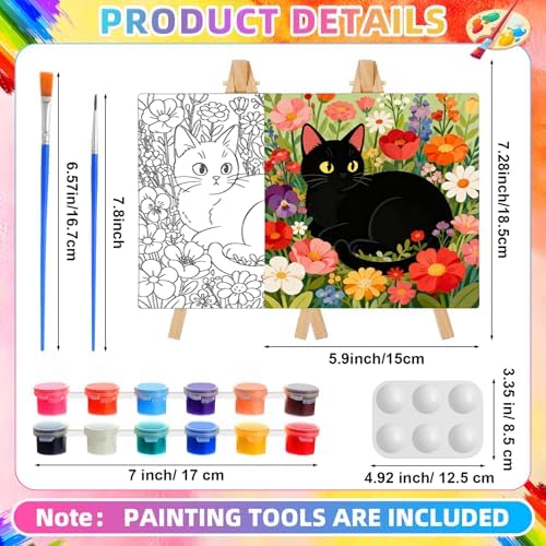 Supervitae 72 Piece Floral Cats Square Pre Drawn Canvas Kit 5.9" Paint and Sip Kit for Adults Painting Party Pre Printed Canvas DIY with Pictures Paints Easels Brushes for Party Gifts - Image 2