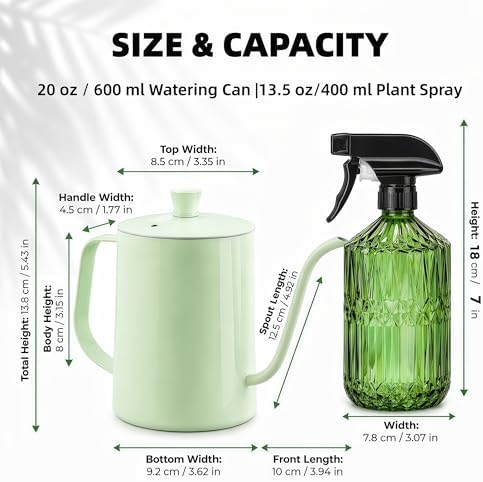 2 Pack Small Watering Can for Indoor Plants, 20 oz Metal Plant Watering Can with Long Spout for House Plants, 13.5 oz Glass Plant Mister Spray Bottle for Bonsai Garden Flowers Decorative - Image 3