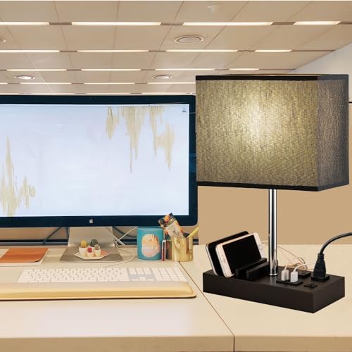 Briever USB Table Lamp, Multi-Functional Desk Lamp with 2 AC Outlets, Bedside Lamp with 3 USB Charging Ports and Wooden Phone Stands, Nightstand Lamp for Bedroom, Livingroom, Office, Black Shade - Image 3
