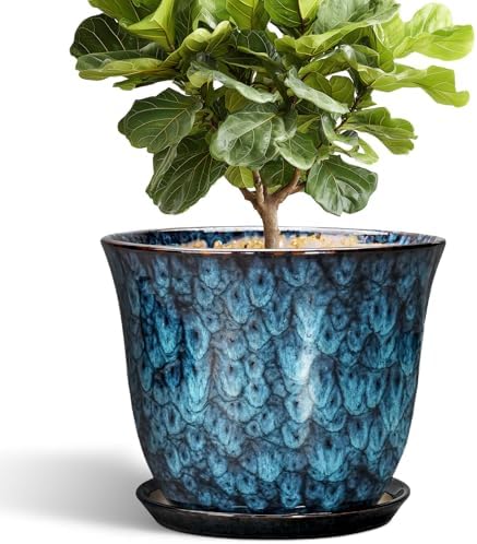 Ceramic Plant Pots - 12 Inch Pots for Plants Indoor Outdoor, Large Round Planter with Drainage Hole and Saucer, Modern Decorative Flower Pot, Home Garden Decor, House Warming Gifts, Blue by SUNPOTFOR