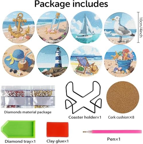 askkqtx 8 Pcs Beach Diamond Art Coasters Kits with Holder 4X4 Inch - Image 4