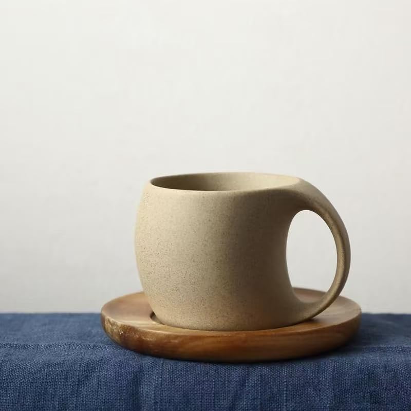 6 oz Clay Cup and Wood Saucer Set of 1, Ceramic Coffee Latte Art Mug With Saucer, Cafe Cups for Cappuccino, Espresso, Coffee, Tea, Porcelain Set for Baristas, Great Gift by JINNTHE