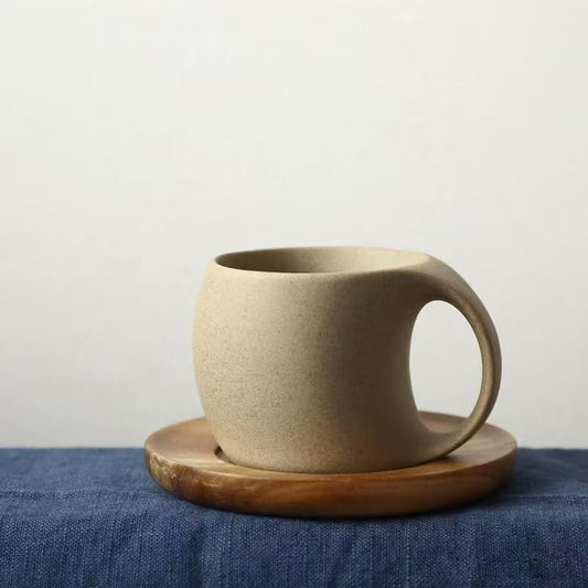 6 oz Clay Cup and Wood Saucer Set of 1, Ceramic Coffee Latte Art Mug With Saucer, Cafe Cups for Cappuccino, Espresso, Coffee, Tea, Porcelain Set for Baristas, Great Gift by JINNTHE