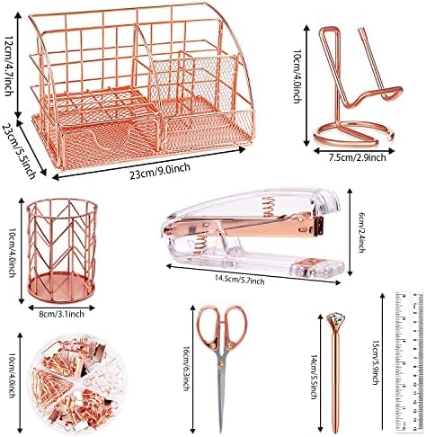 KAAKOW Rose Gold Desk Organizers and Accessories Office Supplies Set Stapler, Pen Holder, Phone Holder, Scissors, Pen, Ruler, 30 Paper Clips, 22 Binder Clip, 20 Tacks and 1000pcs Staples - Image 2