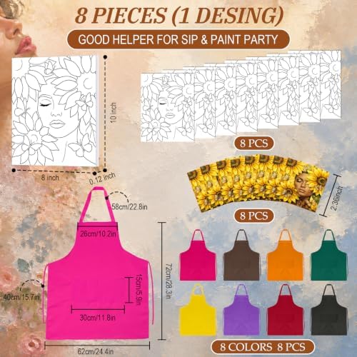 Cholemy 8 Set Paint and Sip Kit for Adults 8'' x 10'' Pre Drawn Canvas with Wooden Easels Acrylic Paint Brushes Wash Cup Palette Apron for Painting DIY Date Night Party Supplies(Sunflower Woman) - Image 3