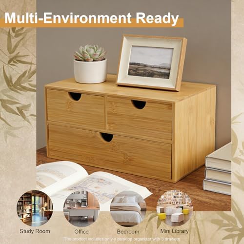 Bamboo Desk Organizer with 3 Drawers,Small Desktop Drawers,Tabletop Storage Box for Home Office - Image 4