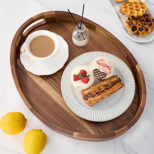 Acacia Wood Serving Tray with Handles - 17'' x 13'' Round, Decorative Ottoman Trays for Breakfast, Home Decor, Tea Party, Coffee Table, Candle Display, Kitchen Counter Board - Image 5
