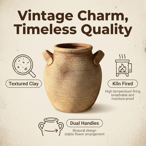 Vintage Ceramic Vase with Handle, 7 Inch Farmhouse Rustic Pot, Retro Table Centerpiece for Coffee Desk, Living Room Bookshelf & Fireplace Dining Room Mantel Decor - Image 6