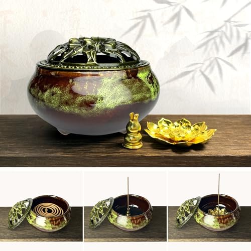 Ceramic Incense Burner, Bowl Burner,Cone Incense Burner with Brass lid for use with Stick or Cone-Shaped Incense，Lotus Incense Stick Holder Calabash Incense Stick Holder, 3pc (Fambe Green) - Image 5