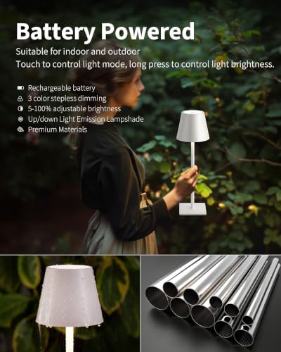 KDG 2 Pack Cordless White Table Lamps, Rechargeable Portable LED Desk Lamps - Image 4
