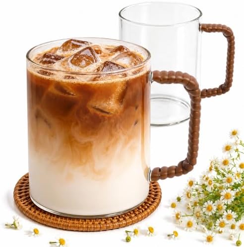 Glass Coffee Mugs Set of 2, 16 oz Clear Glass Cups with Woven Rattan-Style Handle, Large Coffee Mug for Latte, Cappuccino, Tea & Iced Coffee, Cute Aesthetic Mug Set by WeinningBeinny
