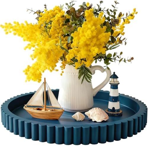 Handmade 12in Decorative Tray for Coffee Table Tray Decor, Blue Wooden Decorative Round Tray for Kitchen, Living Room, Home Decor by KULEDM