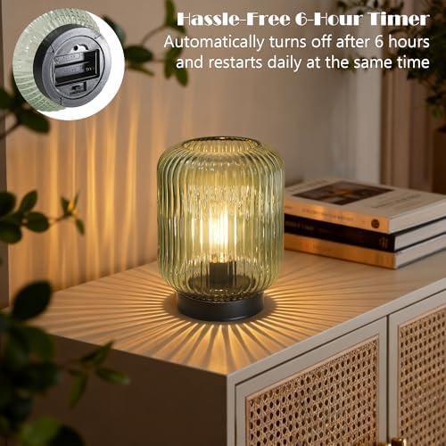 LUSHARBOR Battery Operated Lamp, Cordless Table Lamps for Home Decor, Battery Powered Nightlight with LED Bulb, Decorative Glass Beside Lamp for Bedroom Living Room-Green - Image 6