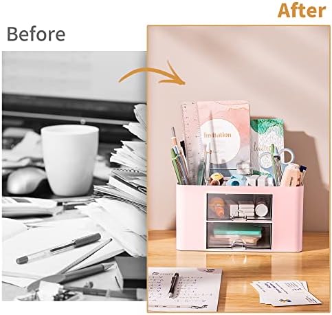 Marbrasse Pen Organizer with 2 Drawer, Multi-Functional Pencil Holder for Desk, Desk Organizers and Accessories with 5 Compartments + Drawer for Office Art Supplies (Pink) - Image 7