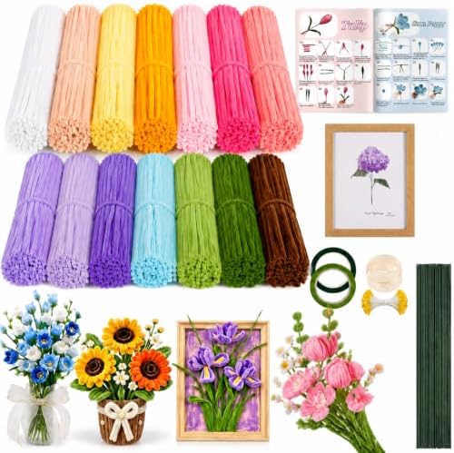 COSILY Pipe Cleaners Flower Kit with Photo Frame, 1000 Pcs 14-Color Chenille Stems Craft Set with Guide Book, DIY Arts and Crafts Bouquet Supplies, Handmade Birthday Gift for Girls Kids Adults by COSILY