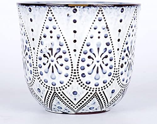 VanEnjoy 5.9 inch Round Bohemian Style Ceramic Planter, Geometry Engrave Off White Brown Succulent Planter Flower Pot, Indoor Outdoor Decorative Planter - Image 3