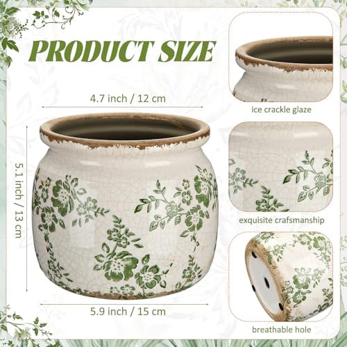 5.9'' Vintage Ceramic Planter, Ice Crack Glaze Green Ditsy Floral - Image 2
