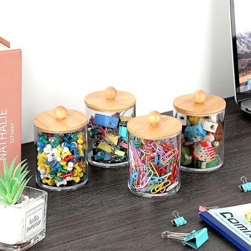 BTSKY 4 Pack PaperClip Holders with Bamboo Lid, Round Binder Holder for Desk, Clear Paper Clip Dispenser Small Office Supply Accessory Organizer Qtip Holder for Office Bathroom Vanity, Clear - Image 3