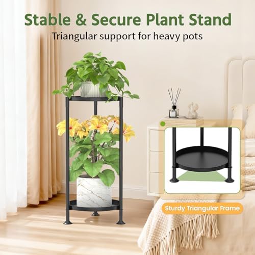 LASZOLA Plant Stand Indoor Tall Corner with Large Metal Tray, 2 Tier Black - Image 5