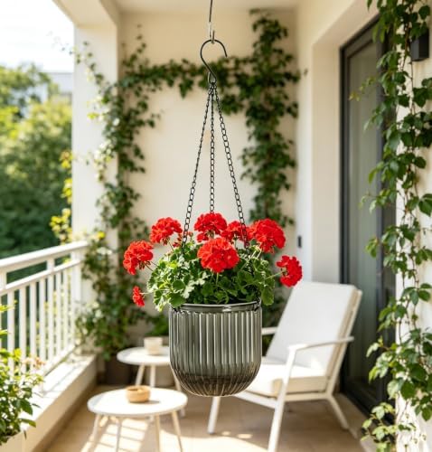 Melphoe 2 Pack Self Watering Hanging Planters Indoor Flower Pots, 5.3 Inch Outdoor Hanging Basket, Plant Hanger with 3Hooks Drainage Holes for Garden Home (Gray) - Image 4