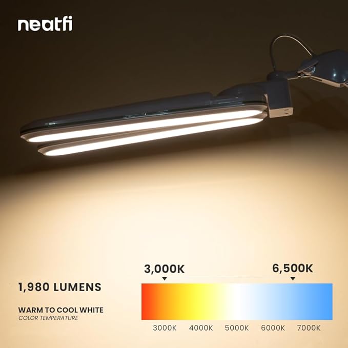 Neatfi Elite HD XL LED Desk Lamp, 3 Light Modes, 90PCS SMD LED, Non-Polar Dimming, Bright Eye-Caring Lighting for Home Office, Drafting, Beauty Shop, Workbench (CCT with Clamp, Green Ring, 17 Inches)