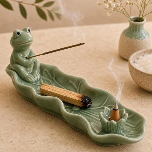 Frog Incense Holder for Sticks, Handmade Ceramic Holder for Burning Sage Sticks, Palo Santo, Cone and Backflow, Incense Burner for Meditation Room Home Decor, Frog Spiritual Gifts for Women by Unknown