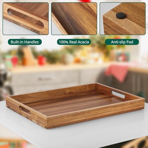 17 Inch Acacia Wood Serving Tray with Handles - Large Wooden Tray for Ottoman, Breakfast in Bed, Dinner, Coffee Table - Decorative Rectangular Tray for Living Room Bedroom Entryway and Kitchen - Image 4