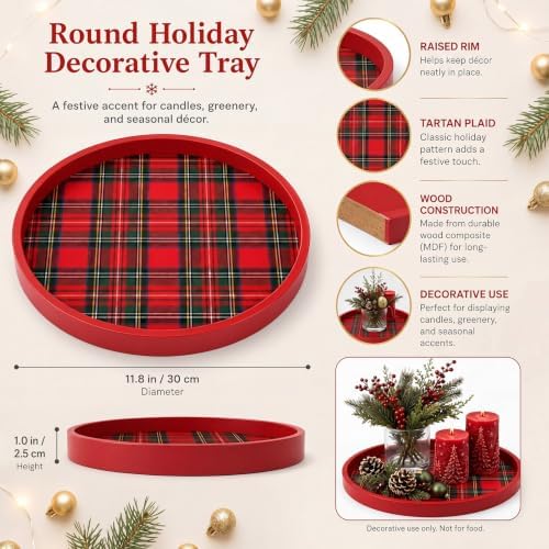 Novabright 11.8" Round Red Christmas Tartan Plaid Wooden Serving Tray - Image 3