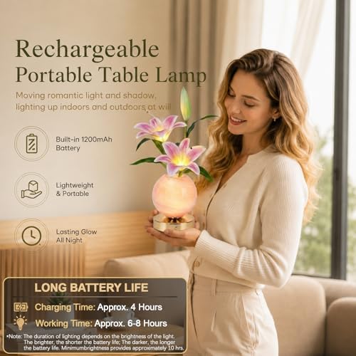 Lily Table Lamp, 3 Color Planet Night Light, Rechargeable Cordless Touch Dimming Artificial Flower Light, LED Flower Bedside Lamp Romantic Gifts for Girl Women Mom (Pink Lily) - Image 5