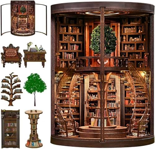 Premium Book Nook Kit, Tree Ring Nature Library Wooden Bookend with LED Lights, Detailed Forest Style 3D Diorama, Minimalist Literary Home Decor, Aesthetic Collectible Craft Gift for Adults Teens 14+ by Unknown