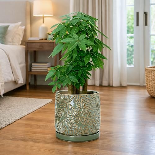 D'vine Dev Embossed Leaves Ceramic Planter, 10 in, Olive, 27-A-P-0 - Image 7
