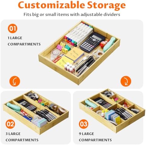 Bamboo Drawer Organizer with 9 Adjustable Compartments, Desk Storage Tray - Image 3