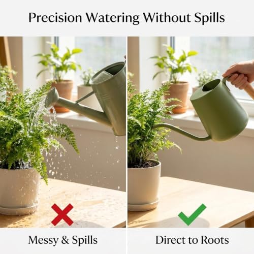 34oz Capacity, Indoor Plants Watering Can with Long Spout, Green Metal with Wood Handle (Green) - Image 6