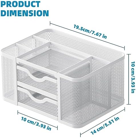 Marbrasse Mesh Desk Organizer, Pen Organizer with 2 Drawer, Multi-Functional Pencil Holder, Desk Organizers and Accessories with 5 Compartments + Drawer for Office Art Supplies (White) - Image 4
