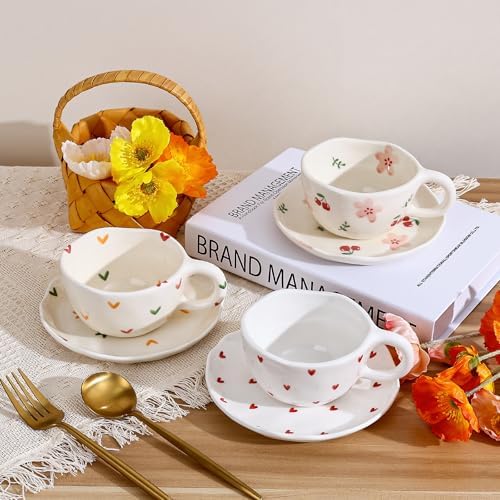 Koythin Ceramic Coffee Mug with Saucers, Handmade Flowers Mugs, Cute Cup for Girl Women, Aesthetic Tea Milk Cup with Handle, 8.5 oz/250 ml for Latte, Cocoa, Office, Home (Colorful Little Hearts) - Image 4