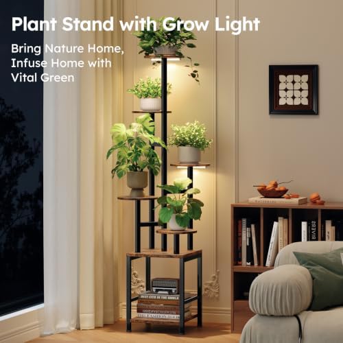 Homsorout Plant Stand Indoor with Grow Light,6-Tiered Tall Plant Stand Indoor, Metal Plant Shelf with Adjustable Light, Ideal for Living Room, Garden, Patio (Black Brown) - Image 2